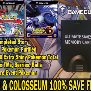 May include: Image of two Nintendo GameCube game cases, "Pokémon Colosseum" and "Pokémon XD: Gale of Darkness", with a black "Ultimate Saves Memory Card". Text highlights features like "Completed Story" and "180 Extra Shiny Pokémon Total".