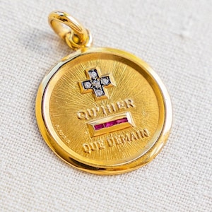 Authentic 50’s French Love Medal in solid 18k yellow gold  Plus Qu’Hier Moins Que Demain Medallion** Love Token**