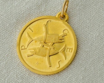 Colgante de Piscis de oro de 18 quilates: dije del zodíaco vintage de los años 70