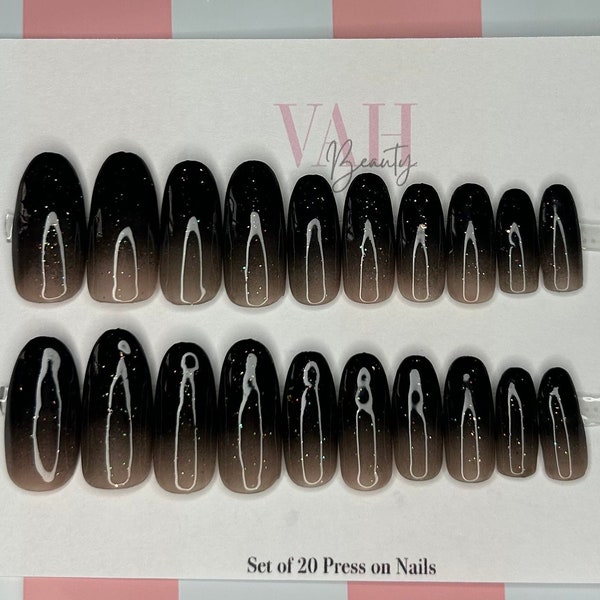 Black Glitter Ombre Press on Nails, Glue on Nails, Prep Kit Included, Set of 20 Artificial Nails, Fake Nails, Long Oval False Nails
