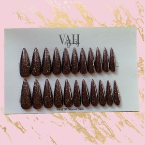 Dark Red Glitter Press on Nails, Glue on Nails, Set of 20 Artificial Nails, Fake Nails, Stiletto False Nails
