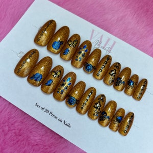 Gold Butterfly Press on Nails, Glue on Nails, Set of 20 Artificial Nails, Fake Nails, Oval False Nail Ready2Ship