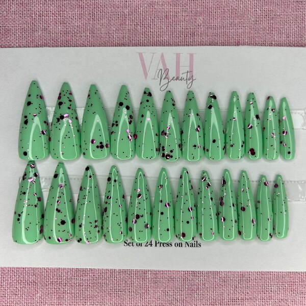 Green & Pink Glitter Press on Nails, Glue on Nails, Prep Kit Included, Set of 24 Artificial Nails, Fake Nails, Stiletto False Nails