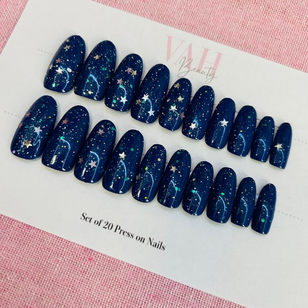 Blue StarGlitter Press on Nails, Glue on Nails, Prep Kit Included, Set of 20 Artificial Nails, Fake Nails, Long Oval False Nails, Ready2Ship