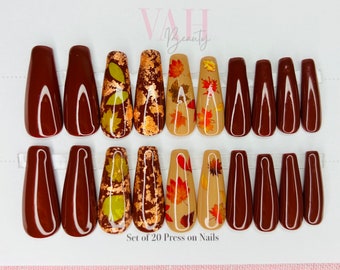 Red Fall Leaves Press on Nails | Glue on Nails | Prep Kit Included | Set of 20 Nails by VAHBeauty | Fake Nails | Ballerina False Nails