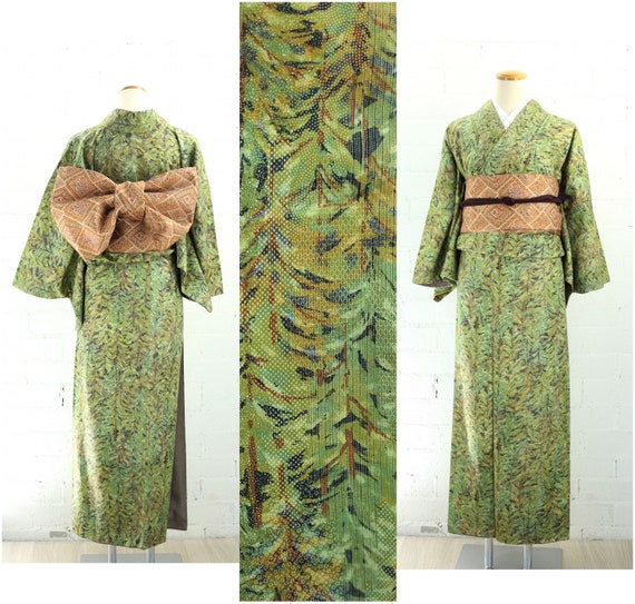 Vintage Green Plant Pattern Komon Kimono | Silk |… - image 1