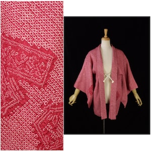 Vintage Red &#39;Sou Shibori&#39; Haori, Kimono Jacket with Ties | Silk | Traditional Kimono | Haori | Vintage Japan