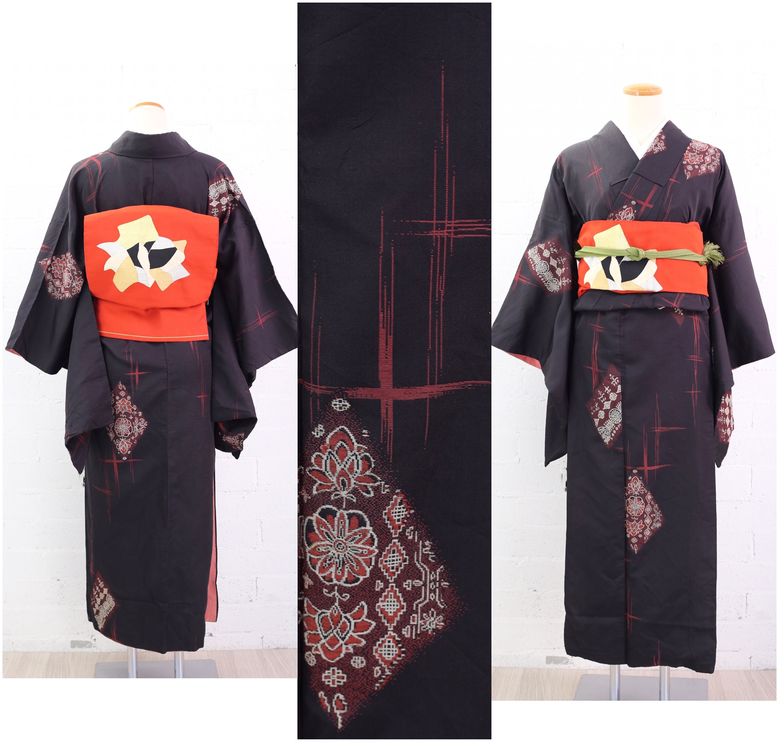 1940's Antique 'ko-furisode' Kimono , Modern Design, Black