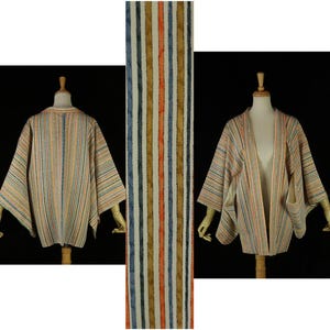 May include: A striped kimono-style jacket in shades of orange, blue, and tan. The jacket is displayed on a mannequin, showcasing its open front and wide sleeves. A close-up of the fabric shows vertical stripes.