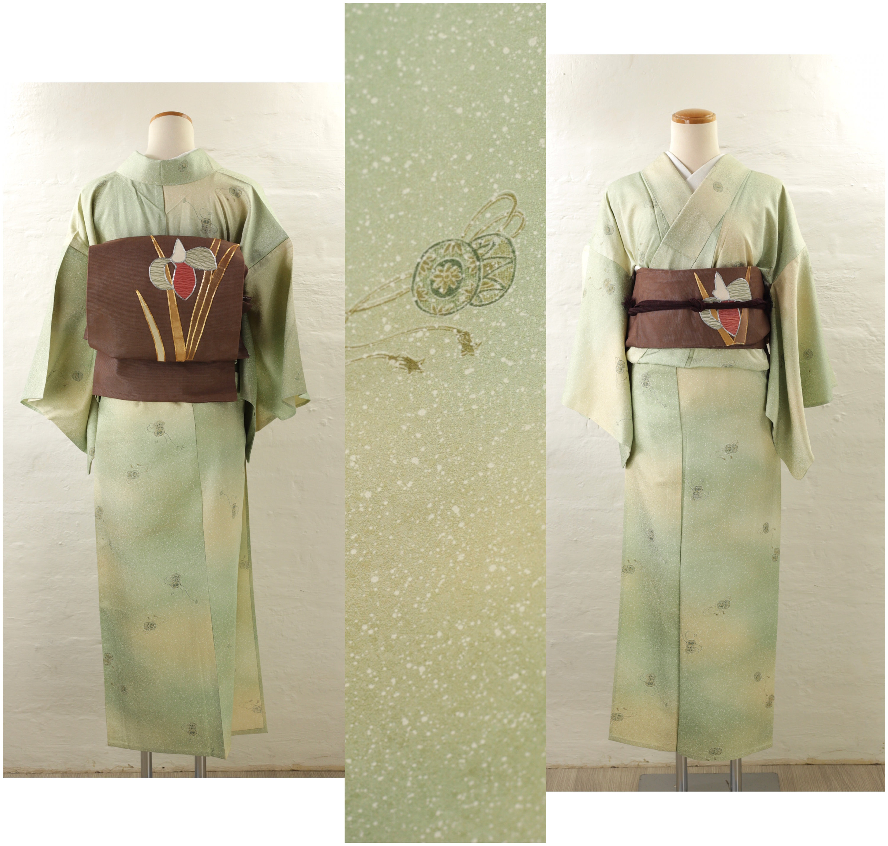 [希少本]Die schönsten Kimonos Vintage 'hitoe' Summer Kimono, Bokashi Moss Green | Silk