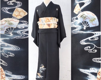 1920's Antique Black Tomesode Kimono, Symmetric fan design, Silk