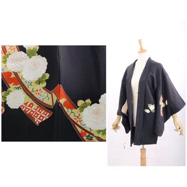 Vintage Black Haori, Kimono Jacket, 'Noshi'&Chrysanthemum Design | Silk | Japanese Kimono | Haori | Black | Kimono Jacket | Short Kimono