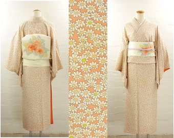Tall Size, Flower Pattern, Vintage Komon Kimono, Orange Flower Pattern | Silk | Traditional Kimono | Kimono | Vintage Japan