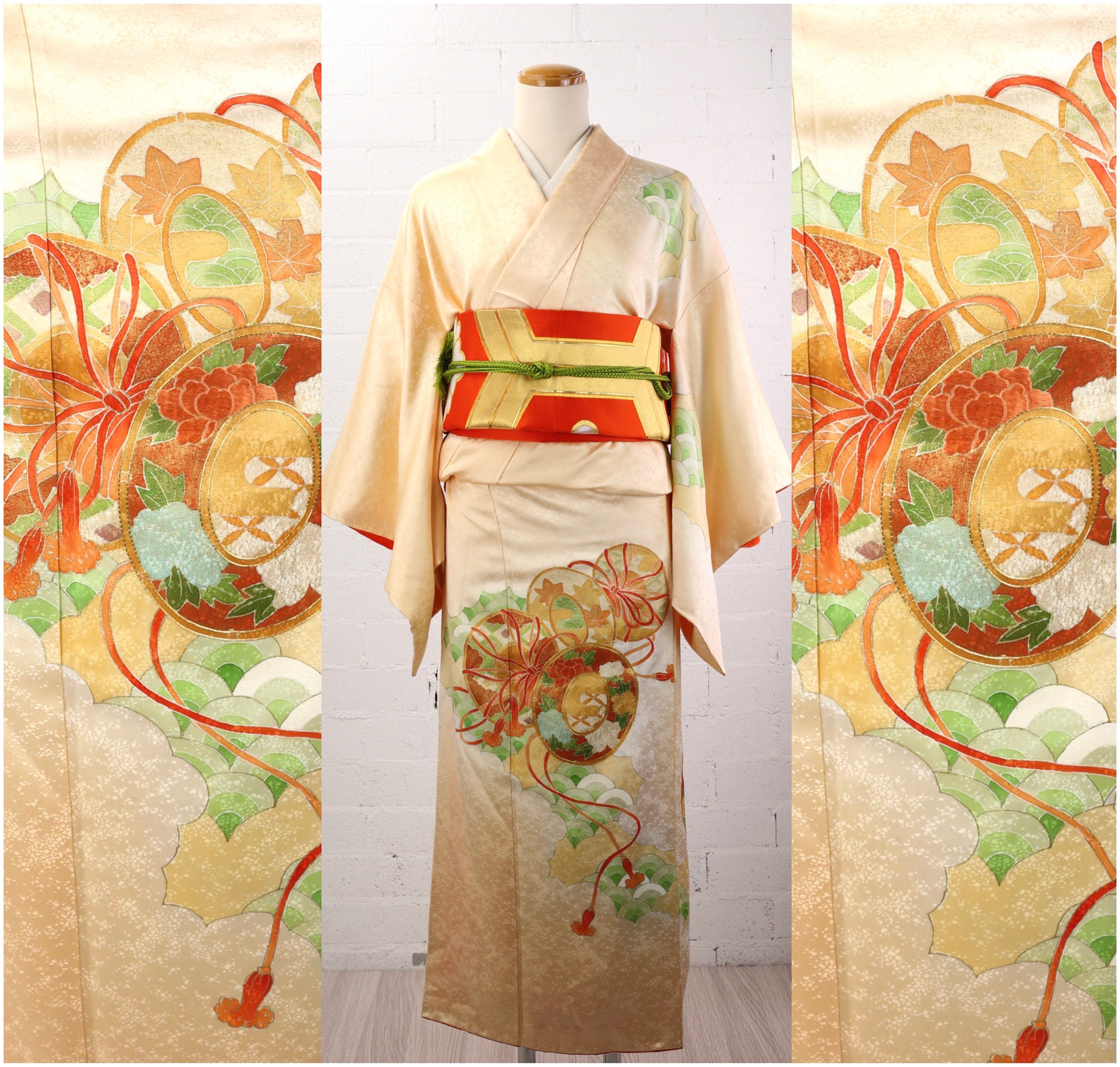 Japanese Men's Kimono Yukata and Obi Belt Set Size M Black