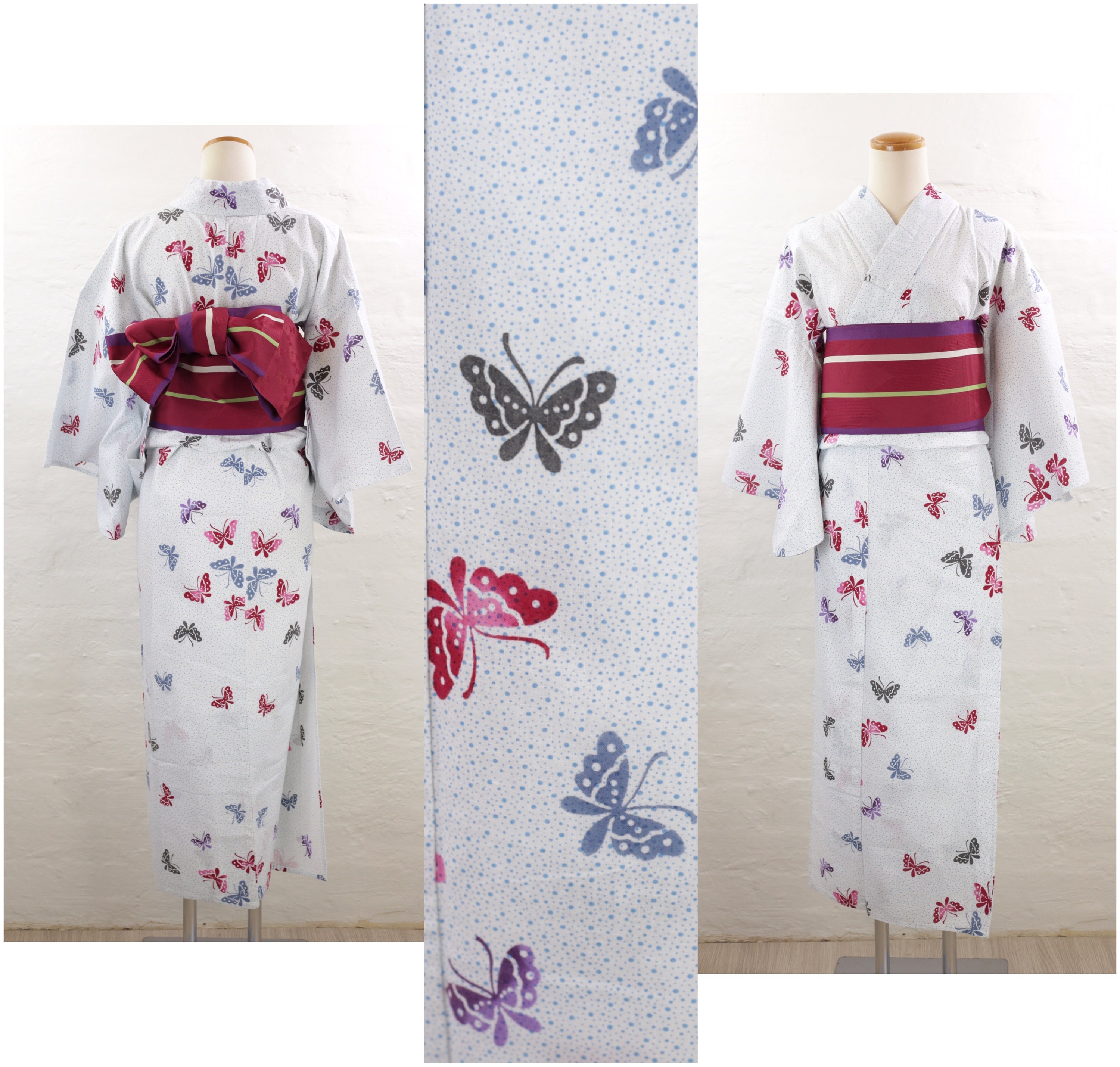 Vintage 'Chusen' Yukata Kimono, Light Blue Dot, Butterfly