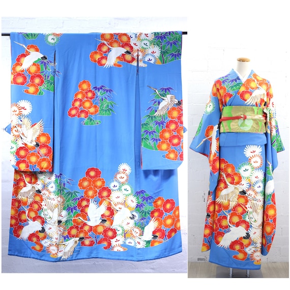 Vintage Wedding Furisode Kimono, Light Blue, Crane Flower Gold