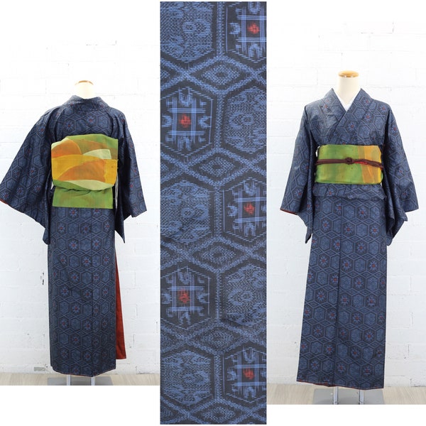 Vintage "Oshima Tsumugi" Silk Kimono Kikko Pattern | Japanese Kimono | Pongee | Tsumugi | Kimono | Vintage