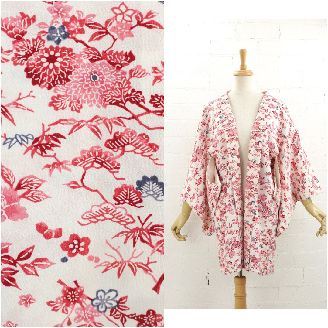 Vintage 'bingata' Flower Pattern Haori Kimono Jacket, White&red Pink ...