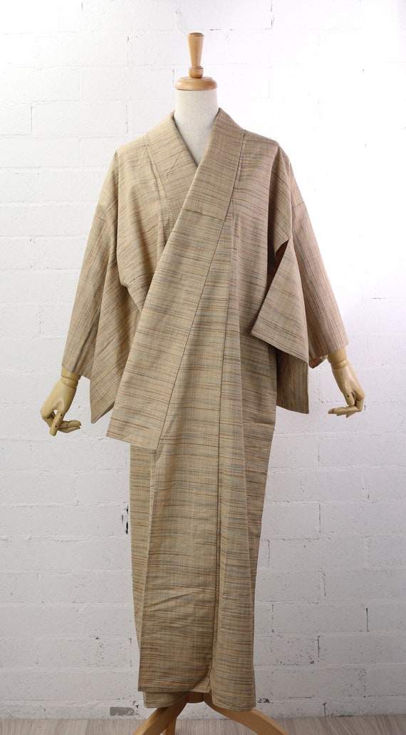 Vintage Mid Length Tsumugi Pongee Silk Kimono Rob… - image 2