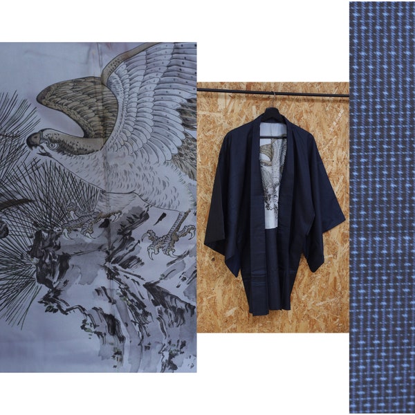 Vintage Men's Oshima Tsumugi Haori, Kimono Jacket, Hawk Design Lining | Silk | Traditional Kimono | Vintage Japan