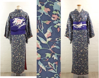 Vintage 'Rouketsu-zome' Batik, Rusty Blue Komon Kimono | Silk | Traditional Kimono | Kimono | Vintage Japan