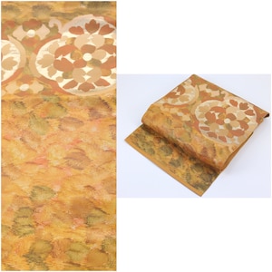 Vintage Yamabuki Brown Oriental Flower Design Nagoya obi, Kimono Belt | Silk | Traditional Kimono | Obi | Nagoya Obi | Vintage Japan