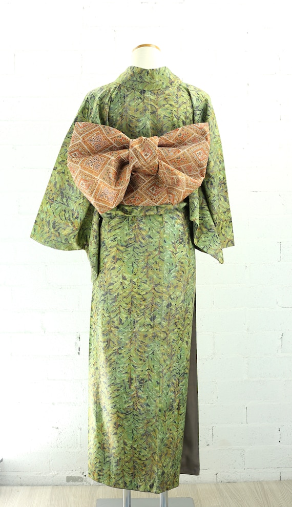 Vintage Green Plant Pattern Komon Kimono | Silk |… - image 3