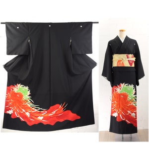 Vintage Fully Embroidered Chrysanthemum Design Black Tomesode Kimono | Synthetic | Traditional Kimono | Vintage Japan