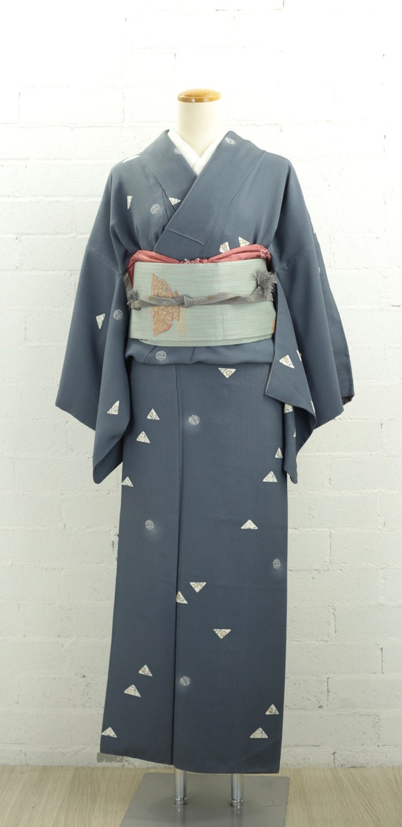 Vintage 80s 90s Orange White Silk Geometric Floral  Komon Kimono 12 M
