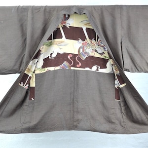 1940&#39;s Antique Men&#39;s Haori Kimono Jacket, Kabuto crane, Wool muslin