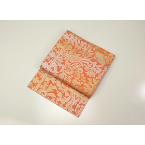 Vintage Orange&Silver Oriental Pattern Nagoya Obi, Kimono Belt | Silk | Traditional Kimono | Obi | Vintage Japan