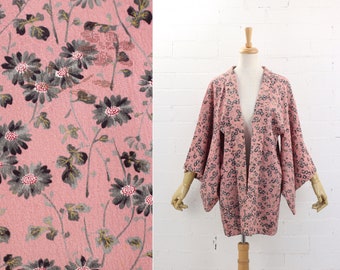 1950's Antique Rusty Pink, Daisy Pattern Haori, Kimono Jacket | Silk | Traditional Kimono | Haori | Vintage Japan
