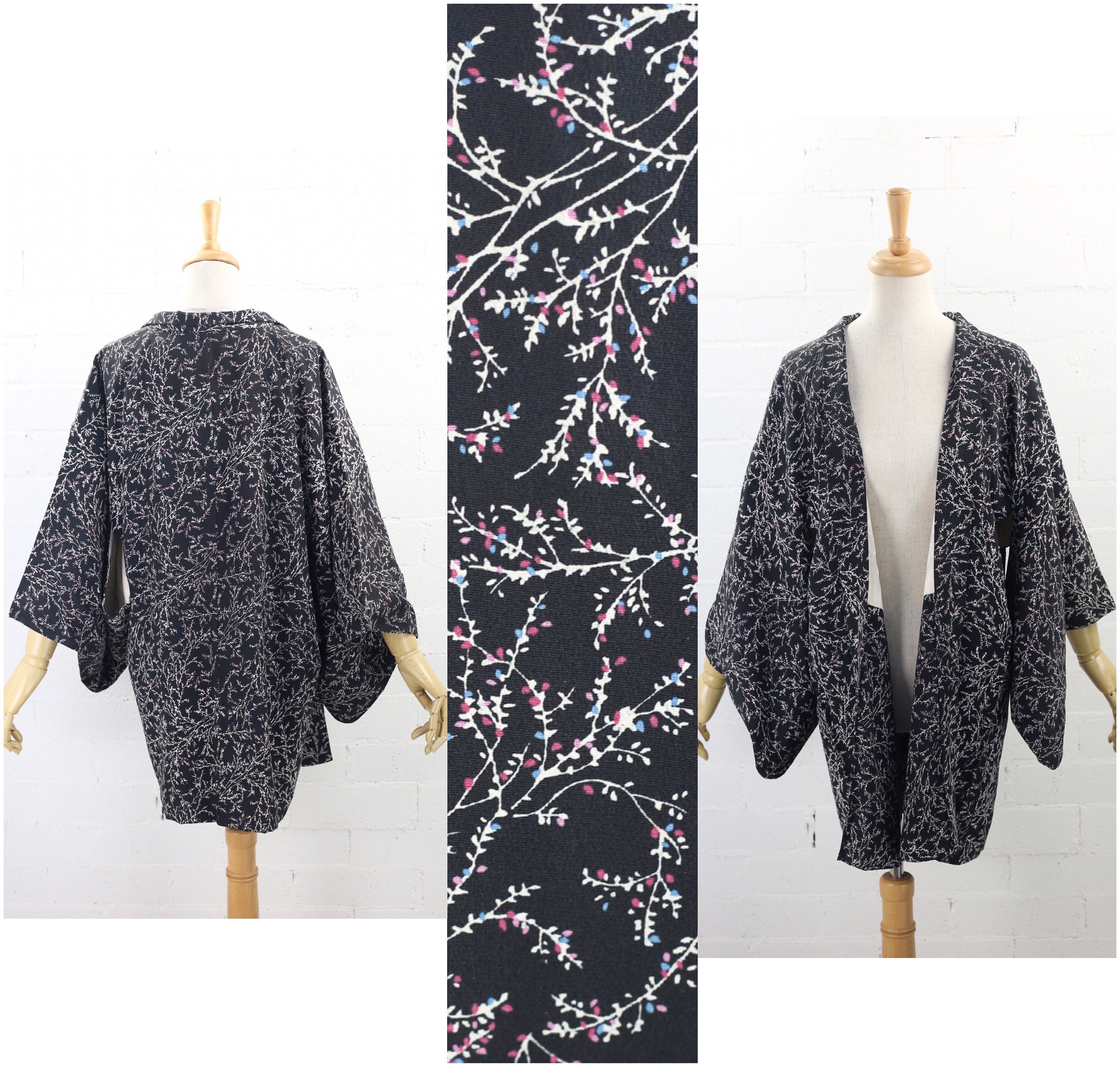 Vintage Black Plant Pattern Haori, Kimono Jacket | Silk Vintage Black Plant Pattern Haori, Kimono Jacket | Silk