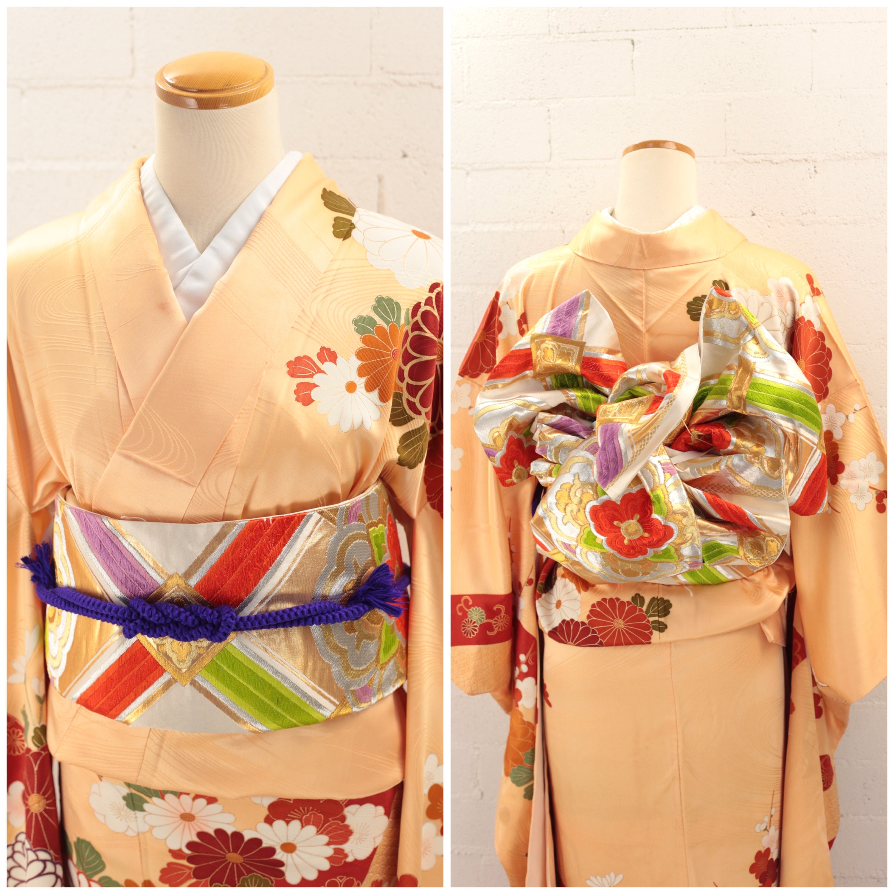 Vintage Furisode Kimono, Chrysanthemum 'kinkoma' Gold Thread