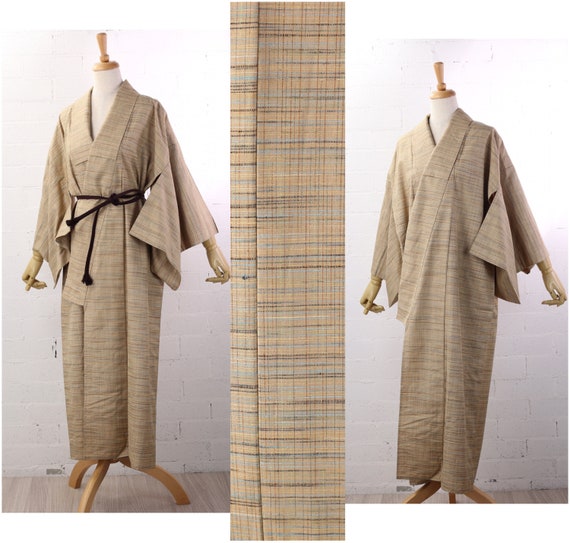 Vintage Mid Length Tsumugi Pongee Silk Kimono Rob… - image 1