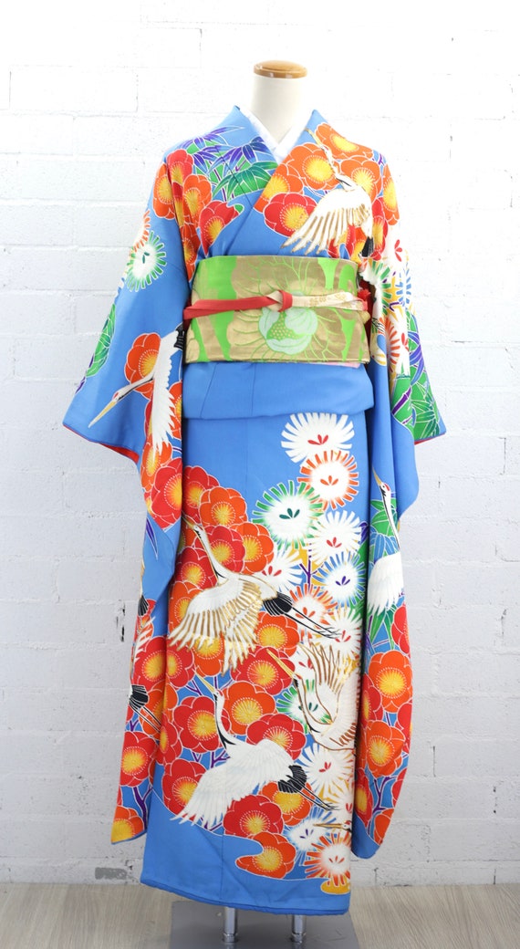 Vintage Wedding Furisode Kimono, Light Blue, Crane Flower Gold