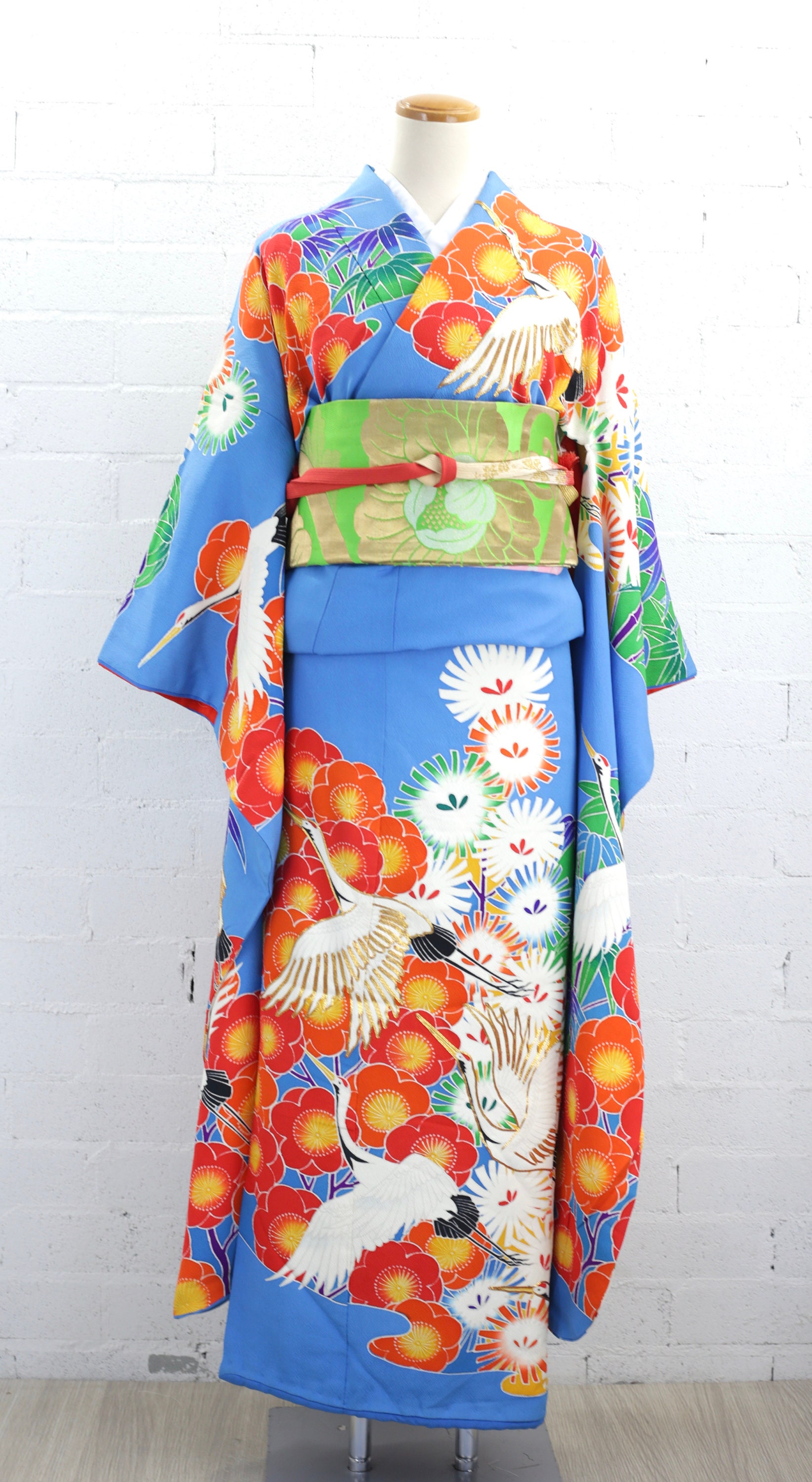 Vintage Wedding Furisode Kimono, Light Blue, Crane Flower