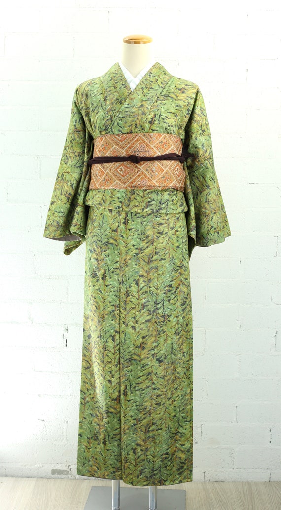Vintage Green Plant Pattern Komon Kimono | Silk |… - image 2