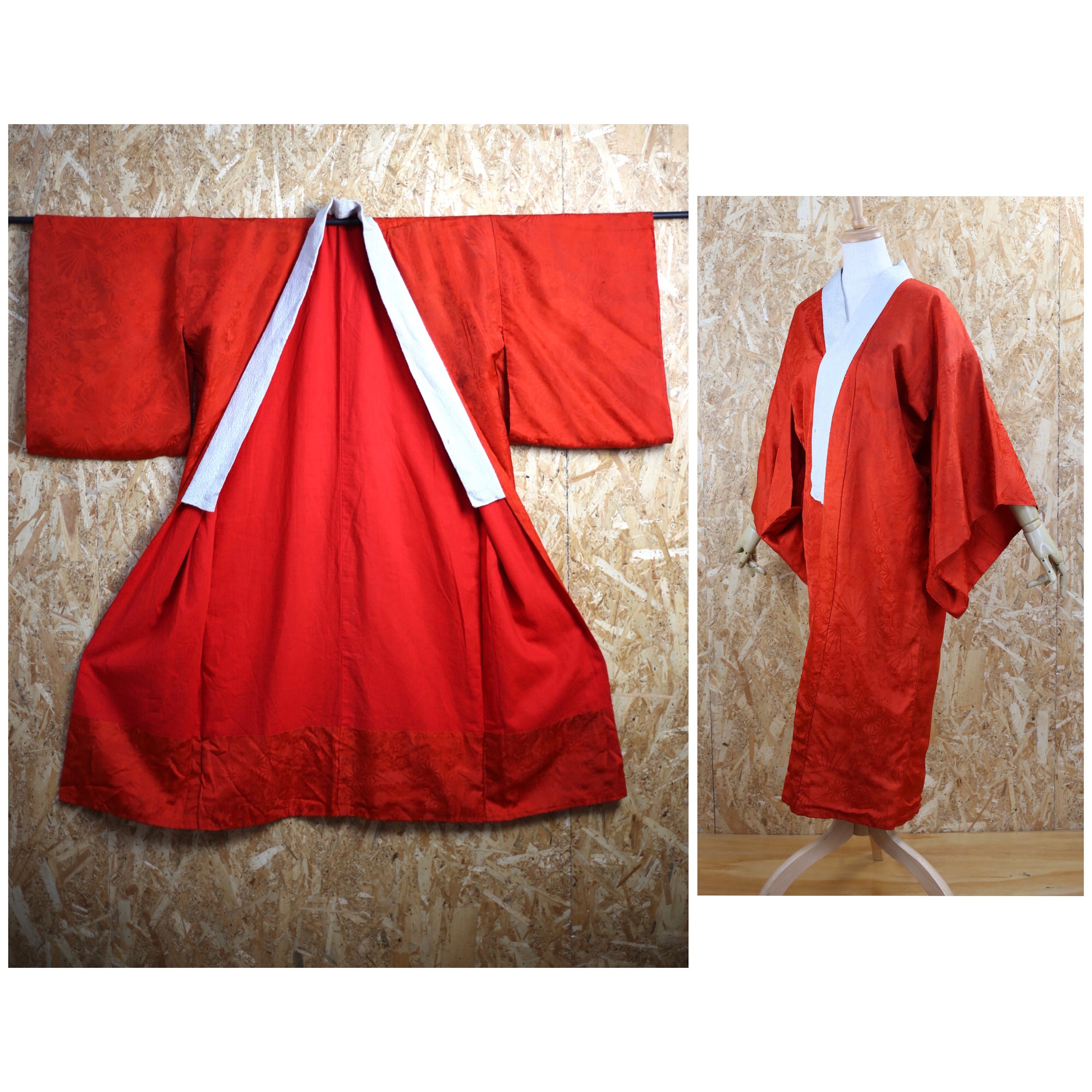品多く Silk Red Momi Antique 1920's Safflower Kimono Juban Naga Dye 着物・浴衣