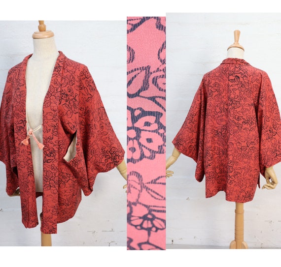 Vintage Haori kimono jacket with ties , brown, flower - Gem