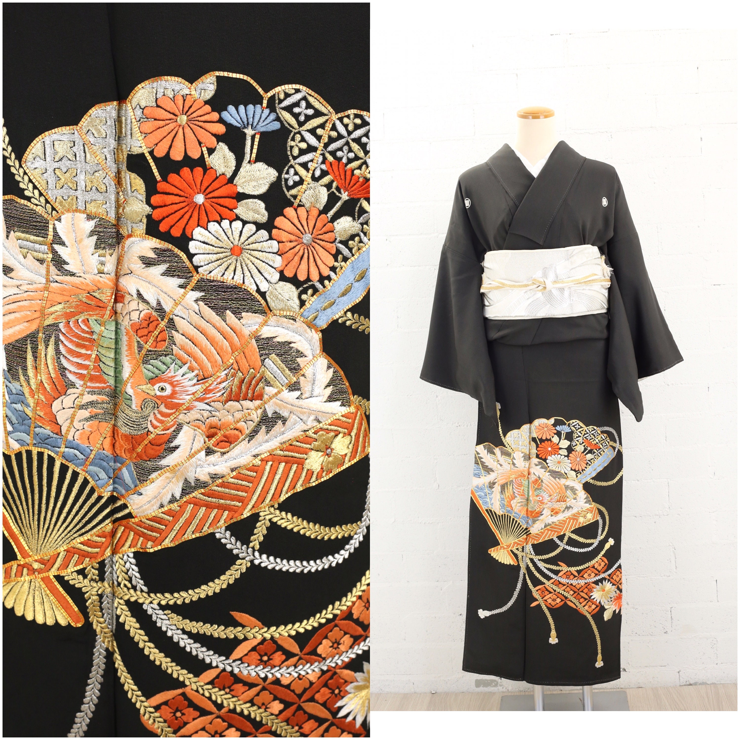 Vintage Black Tomesode Kimono Embroidered Phoenix
