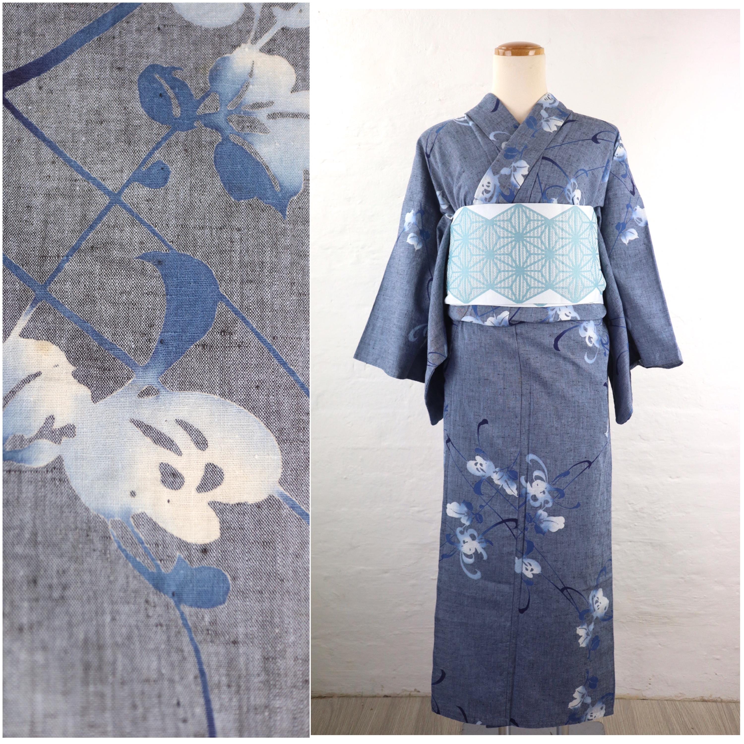 Vintage Chusen Yukata, Summer Kimono, Blue Grey Flower Pattern