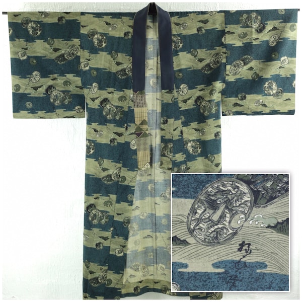 vintage « Katana Tsuba » Design, sous-vêtement kimono Naga-juban pour hommes | Mousseline de laine | Kimono japonais | Kimono pour hommes | Kimono | Naga juban