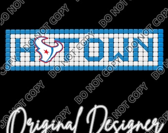 May include: A rectangular graphic design featuring the word HTOWN spelled out in a blue and white pixelated block style. The letter O is replaced by a red, white, and blue bull head logo. Below the graphic, the text Original Designer is written.