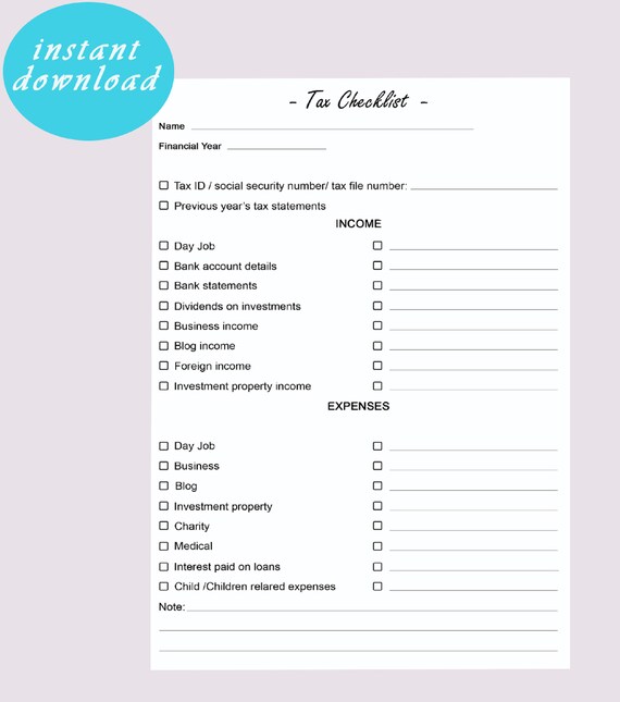Tax Checklist Printable Tax Document Checklist Tracker Form | Etsy