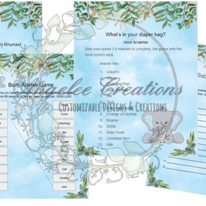 Juego de baby shower de elefante bebé azul- Descarga digital
