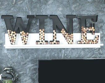 WINE Personalized Wine Cork Holder Alphabet Shape 4 Letters Abecedario Metal Vintage Modern Home Decor - Wall Mount Kit Included (2 Sizes)