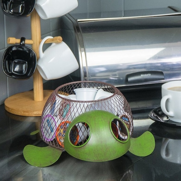 Coffee K-Cup Holder Turtle Design Storage Basket - Gifts for Turtle Lovers Vintage Unique Metal Tea Pods Organizer Container - Holds 25