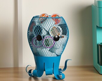Octopus Coffee K-Cup Holder Blue Design Storage Basket Squid Games Ocean Lovers Vintage Unique Metal Tea Pods Organizer Container - Holds 25