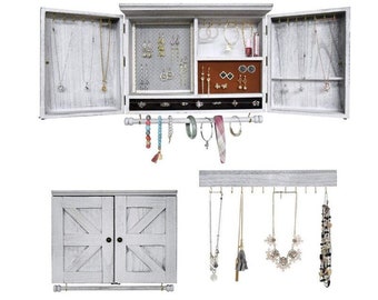 Milky White Wood Wall Mount Jewelry Cabinet Box Organizer Hanger Storage Necklace Earrings Accessory Holder w/ Hooks Barndoor Gifts for Her